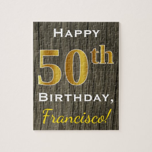 Faux Wood, Faux Gold 50th Birthday + Eigen naam Legpuzzel (Verticaal)