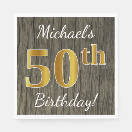 Faux Wood, Faux Gold 50th Birthday + Eigen naam Servet