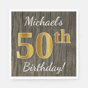 Faux Wood, Faux Gold 50th Birthday + Eigen naam Servet