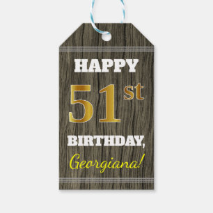 Faux Wood, Faux Gold 51st Birthday + Eigen naam Cadeaulabel