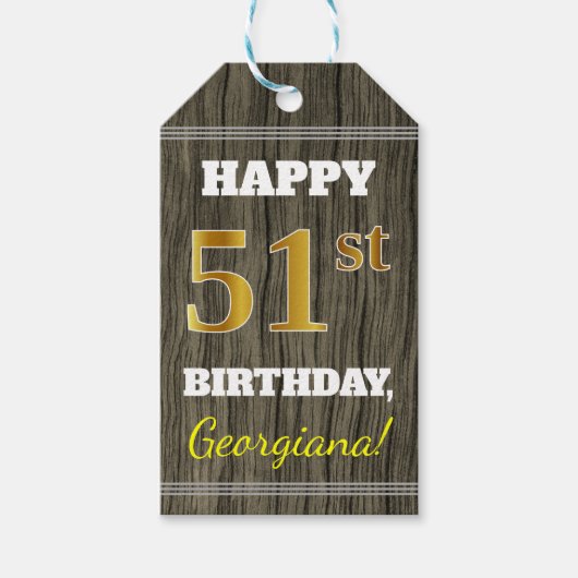 Faux Wood, Faux Gold 51st Birthday + Eigen naam Cadeaulabel (Voorkant)