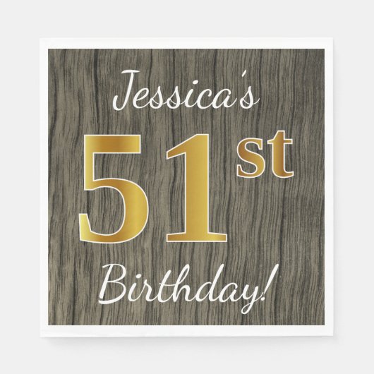 Faux Wood, Faux Gold 51st Birthday + Eigen naam Servet (Voorkant)
