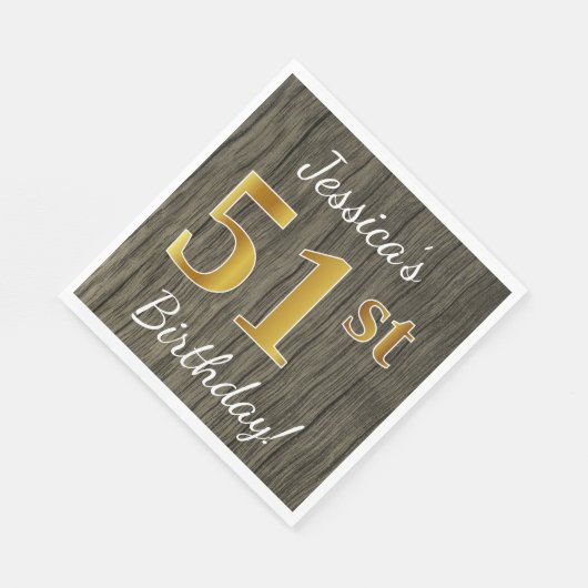 Faux Wood, Faux Gold 51st Birthday + Eigen naam Servet (Hoek)