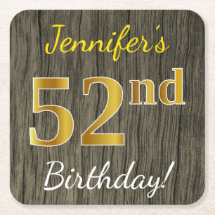 Faux Wood, Faux Gold 52nd Birthday + Eigen naam Kartonnen Onderzetters