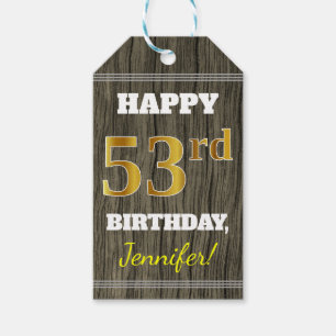 Faux Wood, Faux Gold 53rd Birthday + Eigen naam Cadeaulabel