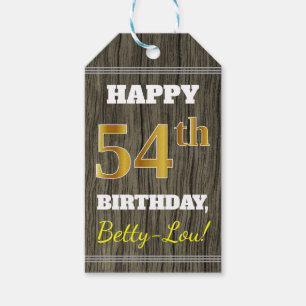 Faux Wood, Faux Gold 54th Birthday + Eigen naam Cadeaulabel