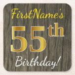 Faux Wood, Faux Gold 55th Birthday   Eigen naam Kartonnen Onderzetters<br><div class="desc">Dit eenvoudige papieren onderzetter is voorzien van een bericht als "FirstName's 55th Birthday!", met de "55th" met een faux-/imitatie goudachtige kleurenweergave, op een achtergrond met een bijtend faux-houten uiterlijk. De naam kan worden aangepast. Een gepersonaliseerd papieren onderzetter als deze kan misschien op een verjaardagsfeestje worden gebruikt voor iemand die zijn...</div>