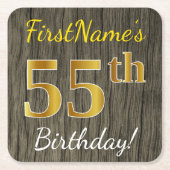 Faux Wood, Faux Gold 55th Birthday + Eigen naam Kartonnen Onderzetters (Voorkant)