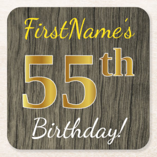 Faux Wood, Faux Gold 55th Birthday + Eigen naam Kartonnen Onderzetters