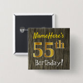 Faux Wood, Faux Gold 55th Birthday + Eigen naam Vierkante Button 5,1 Cm (Voorkant /achterkant)