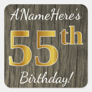 Faux Wood, Faux Gold 55th Birthday + Eigen naam Vierkante Sticker