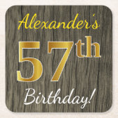 Faux Wood, Faux Gold 57th Birthday + Eigen naam Kartonnen Onderzetters (Voorkant)