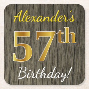 Faux Wood, Faux Gold 57th Birthday + Eigen naam Kartonnen Onderzetters