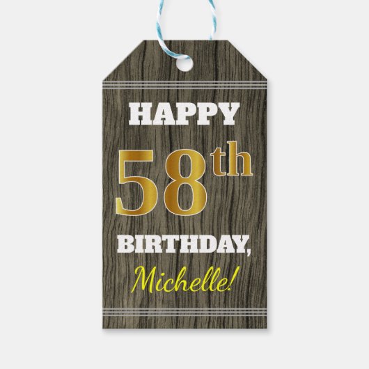 Faux Wood, Faux Gold 58th Birthday + Eigen naam Cadeaulabel (Voorkant)
