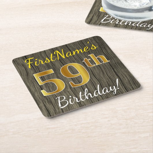 Faux Wood, Faux Gold 59th Birthday + Eigen naam Kartonnen Onderzetters (Schuin)