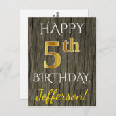 Faux Wood, Faux Gold 5th Birthday + Eigen naam Briefkaart (Voorkant / Achterkant)