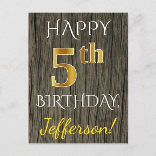 Faux Wood, Faux Gold 5th Birthday + Eigen naam Briefkaart (Voorkant)
