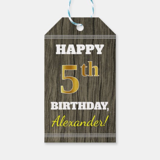 Faux Wood, Faux Gold 5th Birthday + Eigen naam Cadeaulabel (Voorkant)