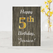 Faux Wood, Faux Gold 5th Birthday + Eigen naam Kaart (Gele Bloem)