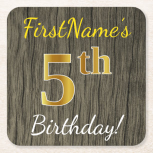 Faux Wood, Faux Gold 5th Birthday + Eigen naam Kartonnen Onderzetters