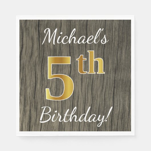 Faux Wood, Faux Gold 5th Birthday + Eigen naam Servetten (Voorkant)