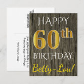 Faux Wood, Faux Gold 60th Birthday + Eigen naam Briefkaart (Voorkant / Achterkant)