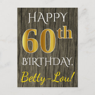 Faux Wood, Faux Gold 60th Birthday + Eigen naam Briefkaart