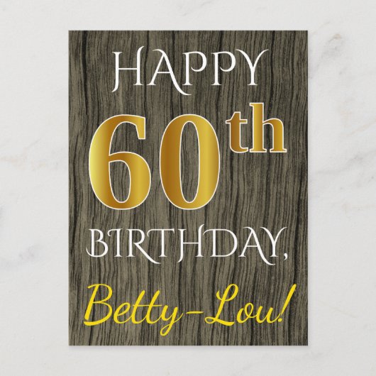 Faux Wood, Faux Gold 60th Birthday + Eigen naam Briefkaart (Voorkant)