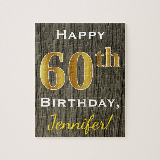 Faux Wood, Faux Gold 60th Birthday + Eigen naam Legpuzzel (Verticaal)