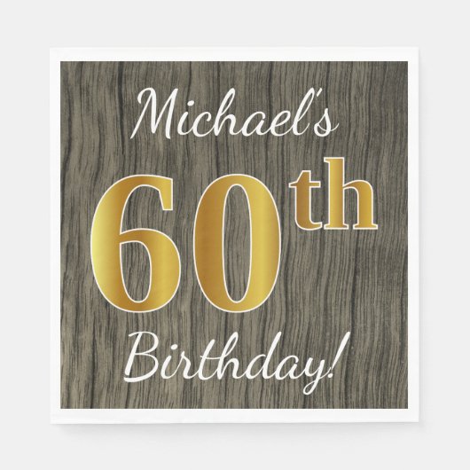 Faux Wood, Faux Gold 60th Birthday + Eigen naam Servetten (Voorkant)