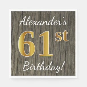 Faux Wood, Faux Gold 61st Birthday + Eigen naam Servet