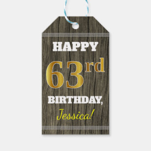 Faux Wood, Faux Gold 63rd Birthday + Eigen naam Cadeaulabel