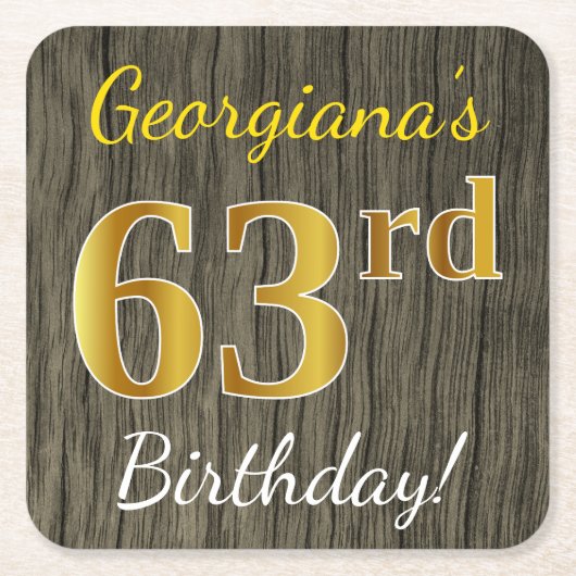 Faux Wood, Faux Gold 63rd Birthday + Eigen naam Kartonnen Onderzetters (Voorkant)