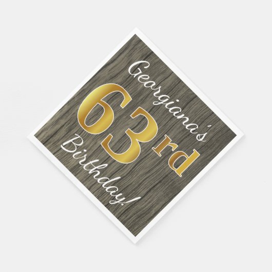 Faux Wood, Faux Gold 63rd Birthday + Eigen naam Servet (Hoek)