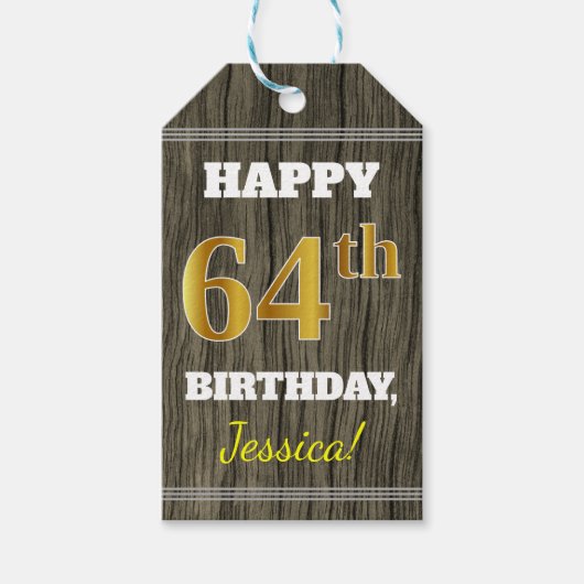 Faux Wood, Faux Gold 64th Birthday + Eigen naam Cadeaulabel (Voorkant)