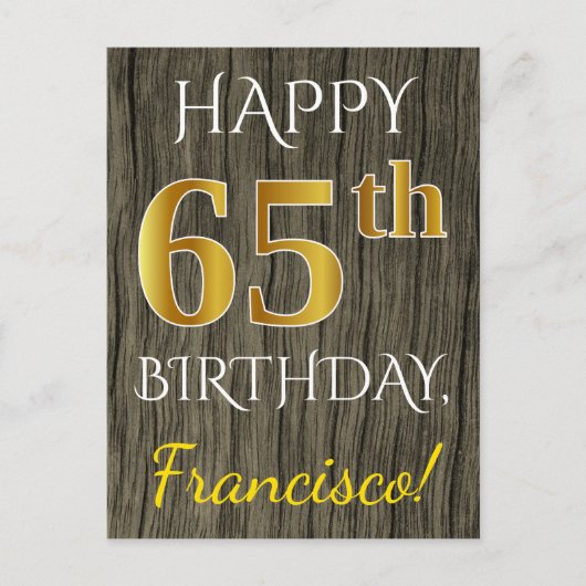 Faux Wood, Faux Gold 65th Birthday + Eigen naam Briefkaart (Voorkant)