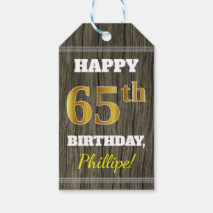 Faux Wood, Faux Gold 65th Birthday + Eigen naam Cadeaulabel