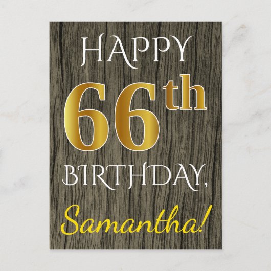 Faux Wood, Faux Gold 66th Birthday + Eigen naam Briefkaart (Voorkant)
