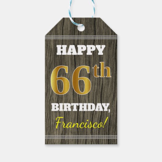 Faux Wood, Faux Gold 66th Birthday + Eigen naam Cadeaulabel (Voorkant)