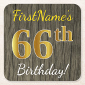 Faux Wood, Faux Gold 66th Birthday + Eigen naam Kartonnen Onderzetters (Voorkant)