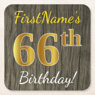 Faux Wood, Faux Gold 66th Birthday + Eigen naam Kartonnen Onderzetters