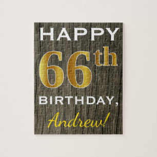 Faux Wood, Faux Gold 66th Birthday + Eigen naam Legpuzzel