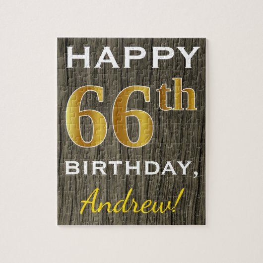 Faux Wood, Faux Gold 66th Birthday + Eigen naam Legpuzzel (Verticaal)