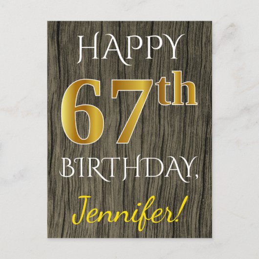 Faux Wood, Faux Gold 67th Birthday + Eigen naam Briefkaart (Voorkant)