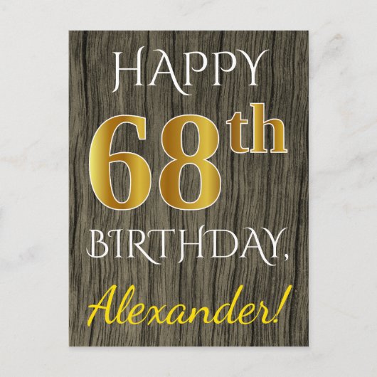 Faux Wood, Faux Gold 68th Birthday + Eigen naam Briefkaart (Voorkant)