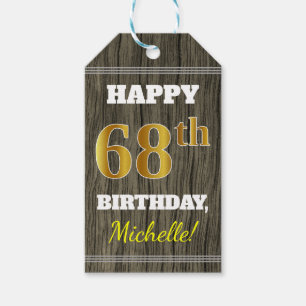 Faux Wood, Faux Gold 68th Birthday + Eigen naam Cadeaulabel