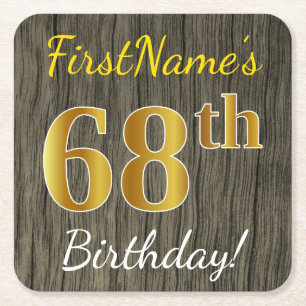 Faux Wood, Faux Gold 68th Birthday + Eigen naam Kartonnen Onderzetters