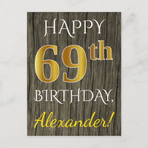 Faux Wood, Faux Gold 69th Birthday + Eigen naam Briefkaart