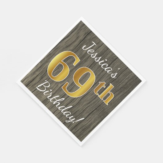 Faux Wood, Faux Gold 69th Birthday + Eigen naam Servet (Hoek)