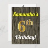 Faux Wood, Faux Gold 6th Birthday & Custom Name Briefkaart (Voorkant / Achterkant)